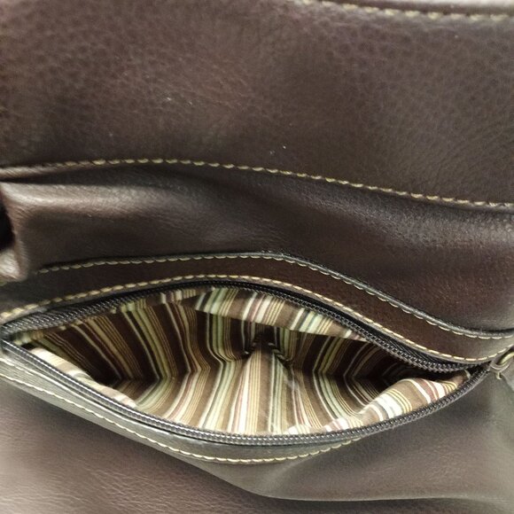 Liz & Co. Brown Faux Leather Tote Bag With Striped Fabric Lining & Multiple Comp - Picture 7 of 15